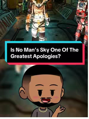 The cover image features a cartoon avatar of a Black male with a beard, positioned over a background that includes a scene from the game No Man's Sky. The avatar is smiling, with blushing cheeks. Above the cartoon avatar there is a colored rectangle with white text overlayed on it. The game scene in the background has three figures inside a structure. The main colors are yellow and red.