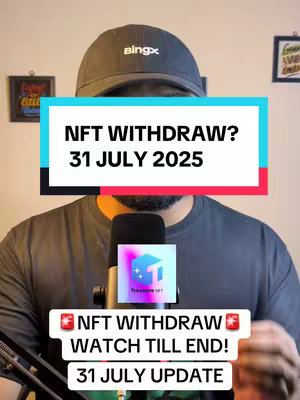 A man wearing a black cap and a dark grey shirt is standing in front of a microphone. The overlay text includes "NFT WITHDRAW? 31 JULY 2025" inside a black rectangle with turquoise and red stripes, as well as "NFT WITHDRAW WATCH TILL END! 31 JULY UPDATE" in a black and white display. The background consists of a plain wall and a few framed pieces of art.