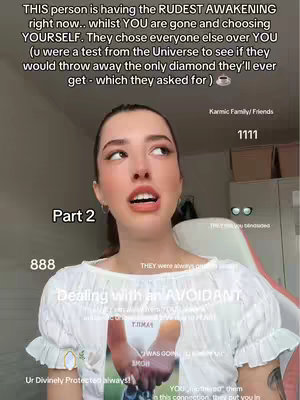 The cover image features a young woman with brown hair, looking upwards with an open mouth, as if in mid-sentence. Superimposed text appears around her face, including the words 'Part 2', numbers '1111' and '888', and longer phrases detailing an 'awakening' and dealing with an 'avoidant'. The background is blurred, but suggests a domestic setting with possibly a desk and a wall. The composition is designed to draw viewer attention to the text and the woman's expression, implying a message related to relationships and spirituality.