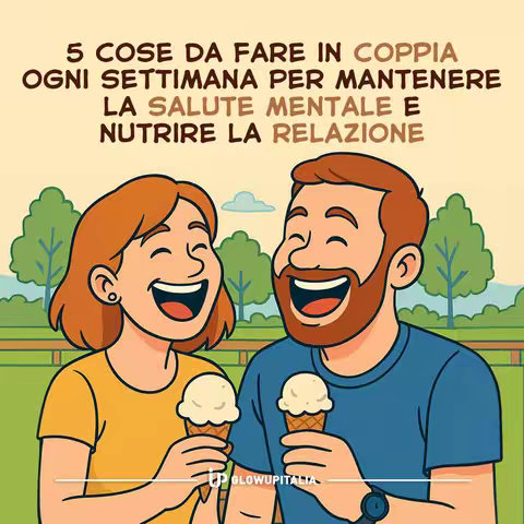 An illustration depicts a couple, a man and a woman, holding ice cream cones and laughing. The couple is set against a blurred background of trees and a park. The woman has red hair and wears a yellow shirt, while the man has brown hair and a beard, dressed in a blue shirt. Text overlays the image at the top, with the glowupitalia logo at the bottom.