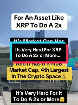 The image shows text overlays arranged in rectangular boxes against a background of a cityscape. The top box is white, has black font, and states "For An Asset Like XRP To Do A 2x". Below it, a box with a teal color states "It's Market Cap Has" with black font. Under that, a red rectangular box states "Its Very Hard For XRP To Do A 2x or More...". Beneath, a yellow box reads "And It Has A $140B Market Cap. 4th Largest In The Crypto Space", and below it, a black-colored box states "It's Very Hard For It To Do A 2x or More". The background is blurred with buildings.