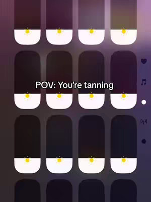 The cover image displays what appears to be a mobile app interface showing a grid of colored squares, with a text overlay at the bottom reading 'POV: You're tanning.' The squares are primarily dark, suggesting gradations in the tanning process, above some white rounded rectangles, which could be the interface to a sun exposure app. The overall color scheme is muted, with dark shades and a gradient background that suggests a setting sun.