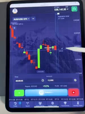 A tablet screen displaying a trading platform with financial graphs and real-time data. The background shows a blurred, abstract image that suggests either mountains or a graphical representation of market trends. The tablet is held at a slight angle, suggesting it's being used actively.