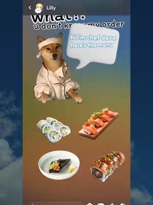 The cover image is a vertical composition with a blue and brown gradient background. A cartoon Shiba Inu dog, dressed as a sushi chef, is in the center-left. To the right, there's a speech bubble with text. Below the dog are several sushi dishes, including rolls, nigiri, and temaki.
