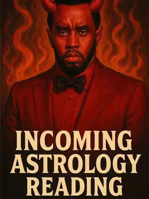 The cover image is a stylized portrait of Diddy, digitally altered to depict him as a devil. He has red skin, horns, and a stern expression. He wears a red suit with a black bowtie, set against a fiery red background. Below him is the text "INCOMING ASTROLOGY READING."
