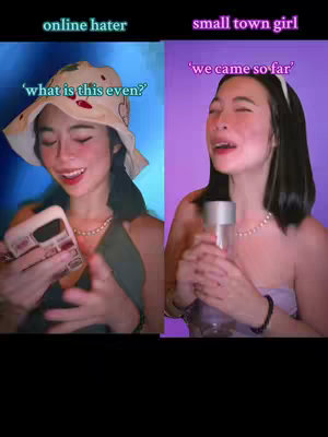 A split-screen image. On the left, a woman with a sun hat and a phone, labeled 'online hater'. On the right, the same woman is shown facing right, appearing emotional and holding a water bottle, labeled 'small town girl'.