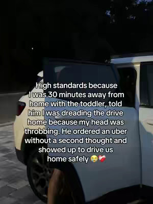 A person standing next to a white SUV with its rear door open. Text overlaid on the image describes an Uber ride ordered by the husband.