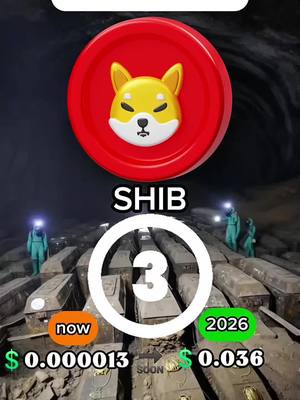The cover image shows a composition relating to Shiba Inu cryptocurrency. It features the Shiba Inu dog logo in a red circle at the top, with a countdown timer in a large white circle. The timer shows "3". Below are what appear to be coffins and miners in the background. There are also price predictions overlaid on the bottom, now and in 2026.