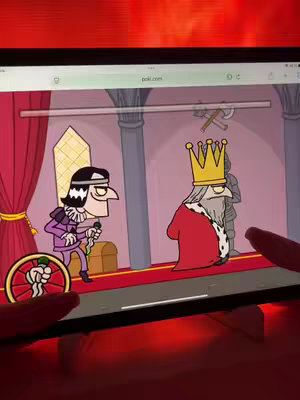 An iPad screen displays a cartoon image of a murder mystery game. A character, possibly a detective, stands next to a throne where a king figure is seated.