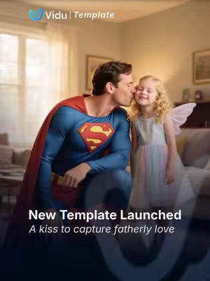 The cover image shows a man dressed as Superman kneeling down to kiss a young girl on the cheek. The girl has on light-colored dress, butterfly wings and her eyes are closed. Text at the bottom reads, 'New Template Launched, A kiss to capture fatherly love.' In the background there is a room with curtains and some furniture.
