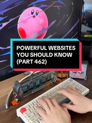 The cover image shows a desktop setup with a keyboard and some external displays. A text overlay provides the title of the video: Powerful websites you should know (part 462). Behind the text is the Kirby character.