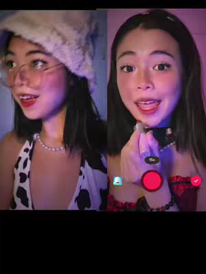 A split-screen image featuring a young woman. On the left she is wearing a fluffy hat and glasses, with a halter top and a necklace, and red lipstick. On the right the same young woman with open mouth holding a lipstick and wearing a choker and a costume top.
