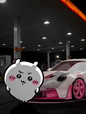 The image shows a cartoon character in front of a car at a gas station. The car is white with pink accents, and the character is a white, round creature with a confused expression. The gas station is in the background, with the car parked in front of a pump, and the lighting looks soft, like it might be dusk or dawn.