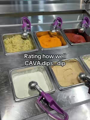 The cover image displays an overhead view of a stainless steel surface holding several rectangular metal containers. Each container holds a different dip or sauce. Text overlayed at the center reads, 'Rating how well CAVA.dips...dip'.