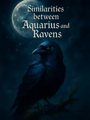A digital artwork featuring a black raven perched on a branch against a dark, starry night sky with a full moon. Text overlayed reads " Similarities between Aquarius and Ravens".