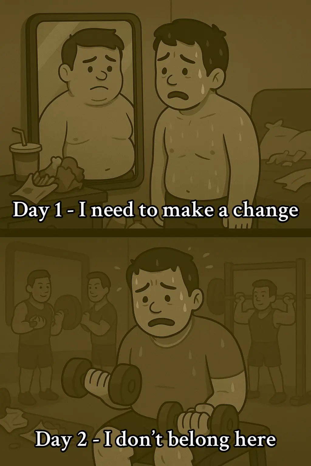 A two-panel cartoon depicting a man's weight loss journey. In the first panel, a slightly overweight man looks sadly at himself in a mirror, with a half-eaten burger beside him. The second panel shows the same man, leaner, struggling with weights in a gym, surrounded by other gym-goers. Sepia tones are used throughout.