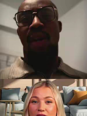 The image shows a split screen. The upper half depicts a man with glasses and a neutral expression facing the camera, while the lower half presents a well-lit room with a blonde woman seated, facing the camera.