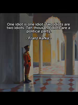 The image is a digital artwork depicting a quote attributed to Franz Kafka. A figure in a red uniform stands in a well-lit hallway. Above, the quote appears against a faded, grayed background. The overall composition is a blend of text and visual elements, suggestive of a philosophical or thought-provoking message.
