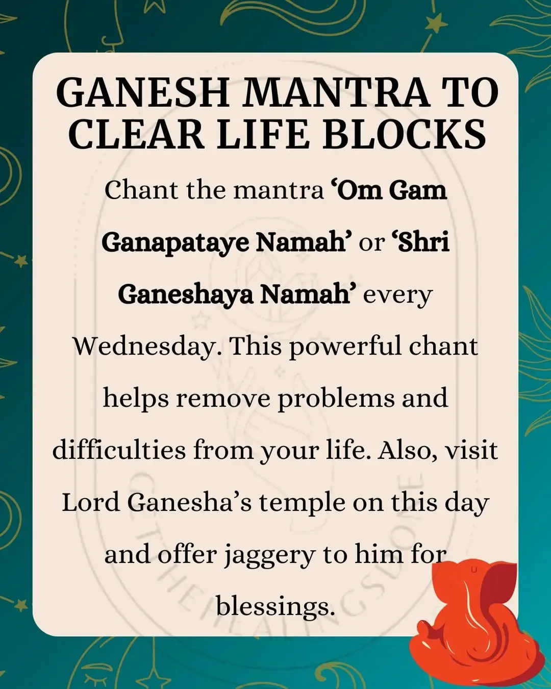 The image features a text-based graphic on a teal and gold background. The central element is a white rectangular space containing text in a bold, black font. The text reads, 'GANESH MANTRA TO CLEAR LIFE BLOCKS' followed by specific instructions including chants and visiting a temple. In the lower right corner of the white rectangle is a red illustration of Lord Ganesha. The overall composition is professional. The background has gold ornaments, suggesting a spiritual or religious theme.