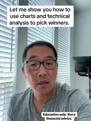 The cover image features a man with glasses from the chest up, appearing to be indoors in front of a window with vertical blinds. Text overlay says, "Let me show you how to use charts and technical analysis to pick winners." The title of the video is "Let me show you how to use charts and technical analysis to find your next stock picks".