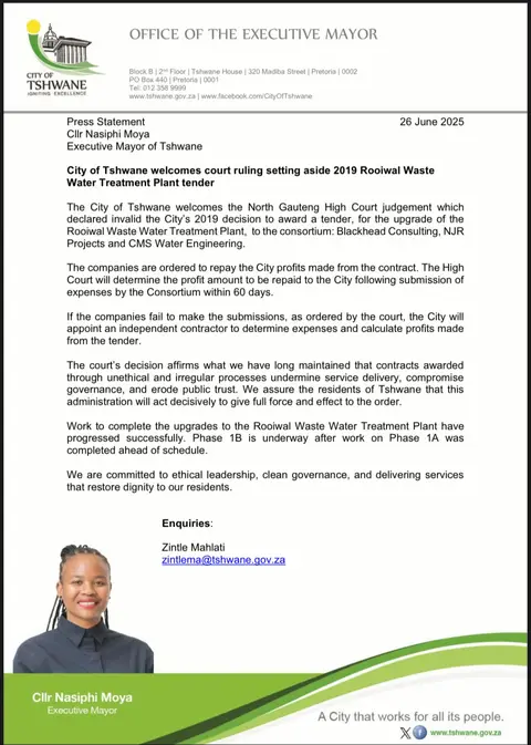 The image is a professional document: A letterhead with the City of Tshwane logo on the top left, a date of June 26, 2025 on the top right, and the text centered with the official title and statement. At the bottom, a female executive mayor is framed with her name, title, and a green gradient background.