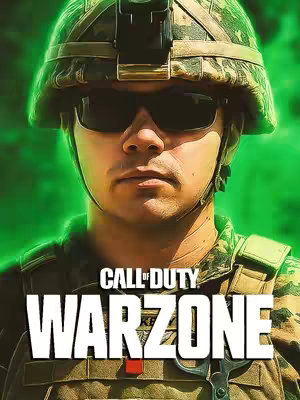 The image features a man in a military helmet, sunglasses, and uniform. The background has a green glow. Text includes the game title "Call of Duty: Warzone".