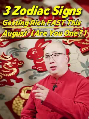 A man in a red shirt and glasses gestures towards the right, with a blurred background featuring colorful paper cutouts including zodiac and rabbit designs, and overlaid text at the top in a yellow font.