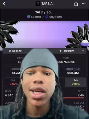 A man in a grey beanie hat is shown in a selfie video. The background shows a screenshot of a crypto price chart with purple and black interface.
