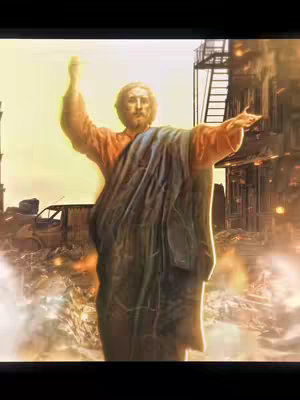 An artistic depiction of Jesus Christ, standing in a post-apocalyptic setting. He is positioned centrally, his arms outstretched in a gesture of offering or blessing. He is clad in traditional robes amidst a backdrop of destroyed buildings and a sky filled with bright hues, suggestive of fire or intense light.