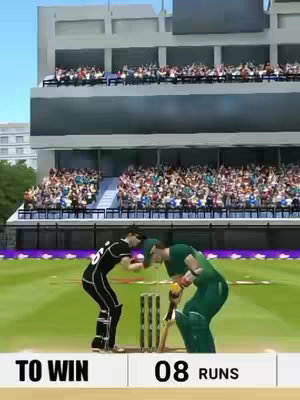 The image shows a cricket match in progress. Two players are mid-action in a stadium setting, with a clear focus on the game's critical moment. Text overlays indicate the score and remaining requirements for a win.