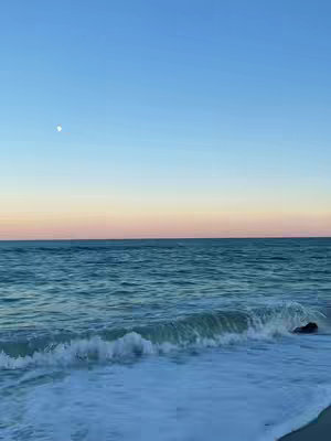 The cover image features a serene coastal scene at dusk. The sky transitions from a deep blue at the top to hues of pink and orange at the horizon, suggesting either sunrise or sunset. Beneath the sky, the ocean stretches towards the horizon, with gentle waves breaking near the shore. A crescent moon is visible in the upper portion of the sky. The composition and color palette evoke tranquility.