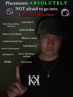 Image features a person in a dark setting pointing at a list of astrological placements with text overlay. The person is facing the camera, and the text contrasts against the dark background. The layout includes the person as the focal point with text to their left and a few astrological symbols.
