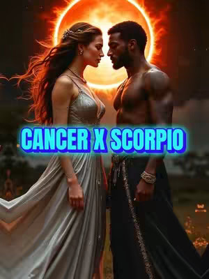 A digitally created image featuring a woman and a man facing each other. Behind them is a bright, stylized sun. The woman is wearing a flowing gown, and the man is shirtless. The hook text 'CANCER X SCORPIO' in a vibrant, outlined font is overlaid across the image.