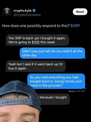 The cover image shows a screenshot of a text message conversation on a dark background. The top half of the image features the original Twitter post. The bottom of the image shows a cropped view of a person wearing a blue baseball cap. The text bubbles in the chat are different shades of blue and gray.
