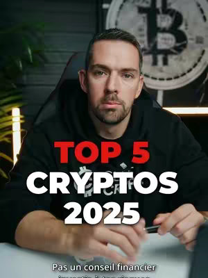 A man in a black hoodie sits in front of a dark background, with a Bitcoin logo visible. Bold red and white text overlays read "TOP 5 CRYPTOS 2025". The image has a professional, informative feel.