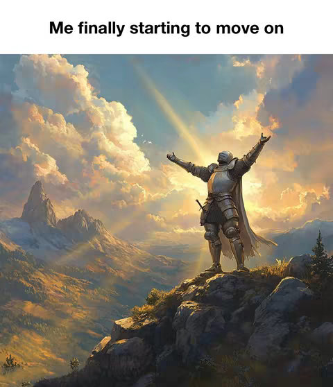 An AI-generated image of a knight in shining armor standing atop a mountain peak with arms raised towards a bright, sunlit sky. Behind the knight, there's a backdrop of clouds and rolling hills. The overall composition is dramatic and inspirational.