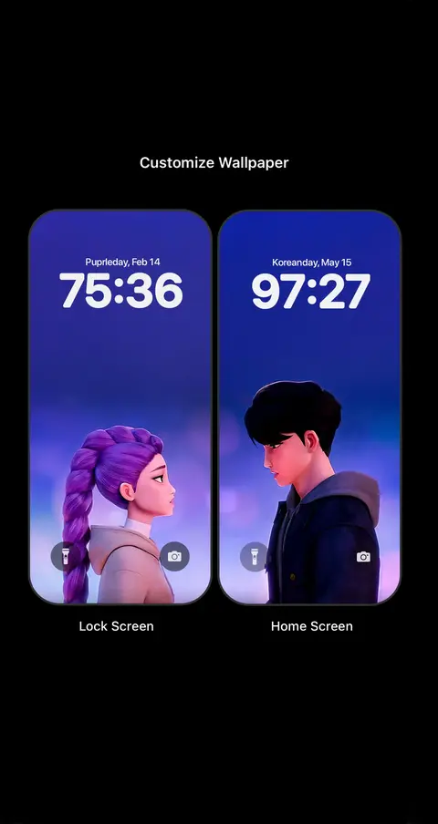 The image displays a split-screen showcasing customized phone wallpapers. On the left, the lock screen features a stylized female character with purple hair, facing toward the left, with the time "75:36" displayed above. On the right, the home screen shows a male character with black hair facing to the right, with the time "97:27" displayed above. Both screens share a similar vibrant blue gradient background with soft lighting details.