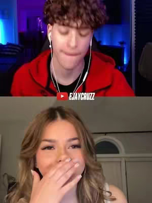 The cover image shows two people in a video call. In the top portion, a young man wearing a red hoodie and white earbuds is looking down. Below him, a young woman with long hair is covering her mouth with her hand. A YouTube logo overlay with the name "EJAYCRUZZ" is in between the two.