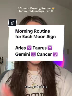 A selfie-style video cover featuring a person in front of a neutral background. A large white rectangle covers part of their face with text and zodiac symbols. The text overlay at the top indicates a series about morning routines, and the person is wearing a white shirt and layered necklaces.