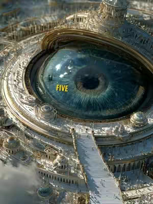 An artistic rendering depicting a large eye in the center. The eye is blue, and the background includes an intricate architectural structure with stairs leading up to the eye.  The text 'FIVE' is overlaid in yellow font.