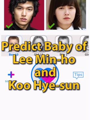The image is a composite featuring photos of Lee Min-ho and Koo Hye-sun at the top, with overlaid text predicting their future baby. Below their photos are smaller images that appear to be potential baby face predictions, and additional textual elements indicating an app or tool that generates these predictions. Various text elements are highlighted in yellow.