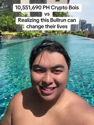 A selfie-style shot with a man in the foreground smiling, positioned against a backdrop of a swimming pool with a cityscape and trees. The man, who is the primary focus, is shirtless, indicating a relaxed setting. Text overlays at the top of the image provide context, including the title and a description.