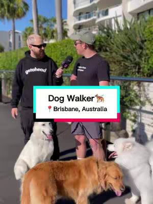 Two men are standing on a sidewalk with three dogs. The man on the left is wearing a black hoodie and sunglasses, while the man on the right is wearing a black t-shirt, a cap, and holding a microphone. A hook is placed in the center, highlighting the content of the video.