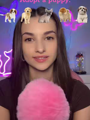 A young woman with long brown hair is smiling at the camera. The background is a blurred room, with a neon sign of a butterfly and some other blurry objects. The image on the top of the woman’s heads are 5 different puppy images. There is also what looks to be a pink fur ball.