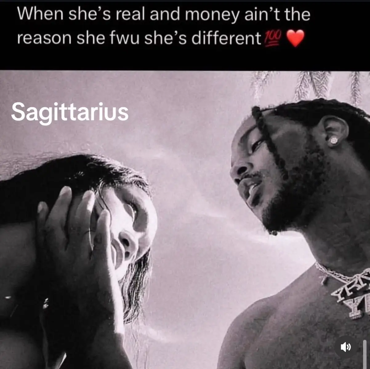 A black and white close-up image features a man and a woman. The woman, viewed from the side, appears to be gazing at the man. Her hand is gently touching her face. The man, seen from the side, looks towards the woman, and visible are a necklace with a pendant and an earring. Above the woman are the words 'Sagittarius'. Above the man and woman is text