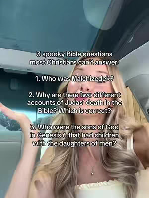 The image is a selfie-style shot, featuring a woman indoors, likely inside a vehicle. Text overlays are present, posing three Bible-related questions. The woman has long, wavy blonde hair, and is wearing a white top. The background is a light gray, possibly the interior of a car or similar setting.