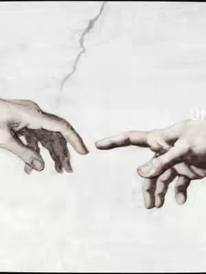 The image is a recreation of Michelangelo's "The Creation of Adam," featuring two hands reaching towards each other but nearly touching, set against a bright, textured background suggesting clouds or a textured wall.