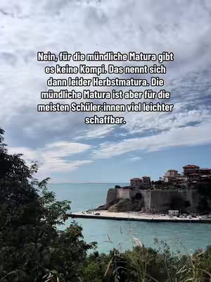 A scenic view of a coastal town with a cloudy sky and a body of water in the foreground. Text overlayed on the image containing information about the oral Matura exam.