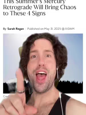 A man with dark curly hair points toward the viewer with an open mouth, as if mid-speech. He wears a black tank top and is wired to an earbud. Behind him, a stylized landscape is visible with blue and white hues.