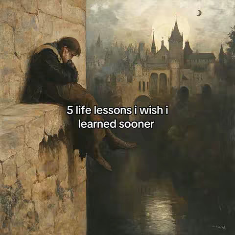 An artistic rendering depicts a pensive figure seated on a stone wall, with an old town skyline in the background. The figure is clad in dark clothing and has their head in their hands. The sky shows a mix of light and shadow hinting at the changing of the day